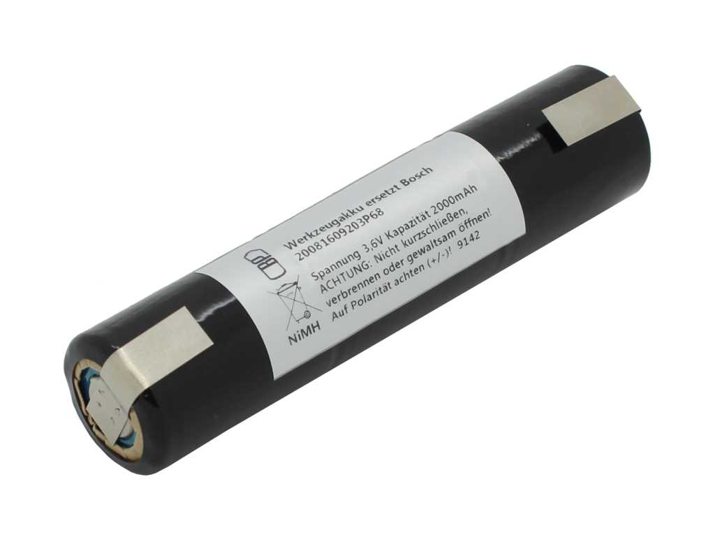 Schwarzer zylindrischer Akkupack mit weißem Etikett und zwei Metalllaschen an den Enden auf weißem Hintergrund