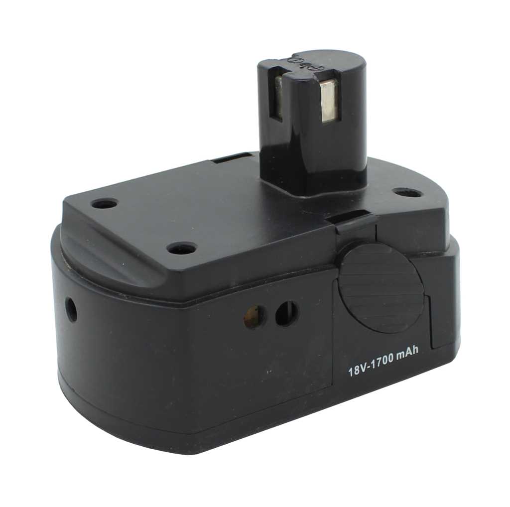 Schwarzer Werkzeugakku mit Steckkontakt oben und Entriegelungstaste an der Seite vor weißem Hintergrund