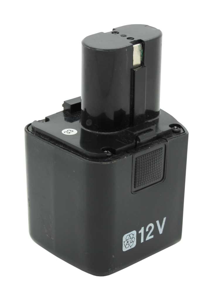 Schwarzer Akku für Elektrowerkzeug mit Steckanschluss, seitlicher Entriegelungstaste und Aufdruck 12V