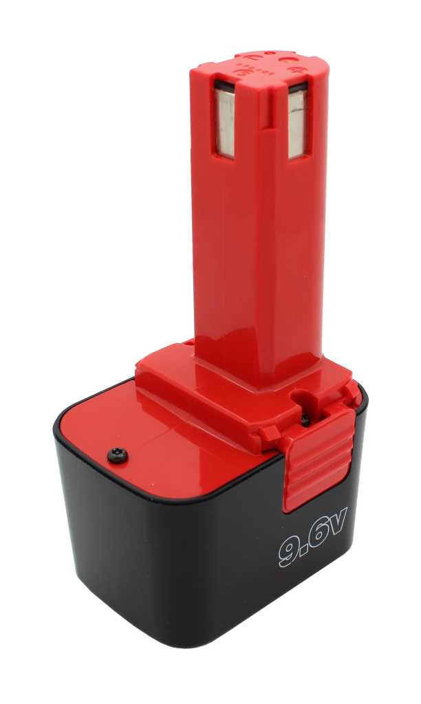 Schwarzer Akku mit rotem Aufsatz und rotem Entriegelungsknopf, seitlich mit Aufdruck 9,6V sichtbar