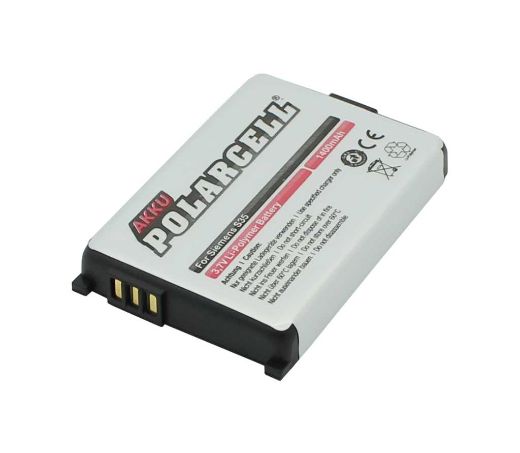 Weiß-schwarzer Handyakku mit drei goldenen Kontakten auf weißem Hintergrund