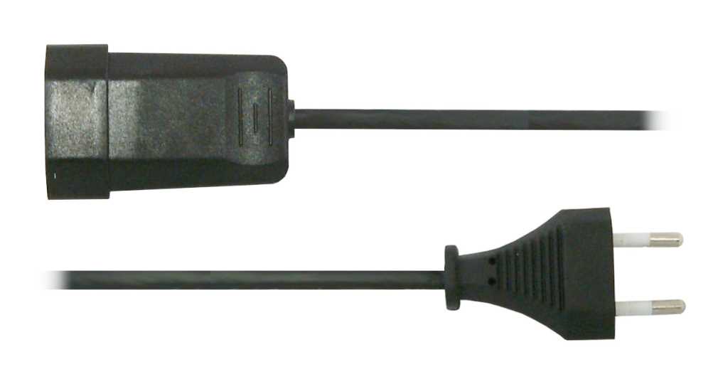 Schwarzes Stromkabel mit Schutzkontaktstecker und Kupplung, beide mit zwei runden Stiften sichtbar
