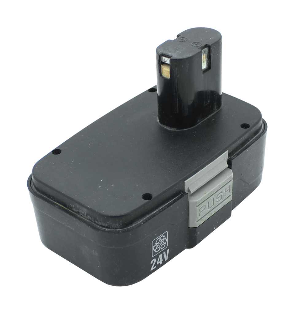 Schwarzer Werkzeugakku mit Aufsteckkontakt, grauer Entriegelungstaste und Aufdruck 24V auf weißem Hintergrund