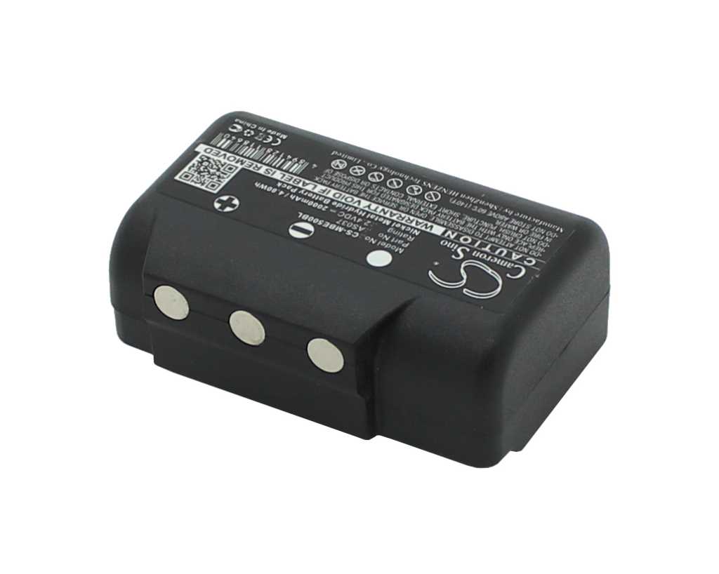 Schwarzer Akkupack mit drei runden Metallkontakten an der Vorderseite und Aufkleber mit Symbolen oben drauf