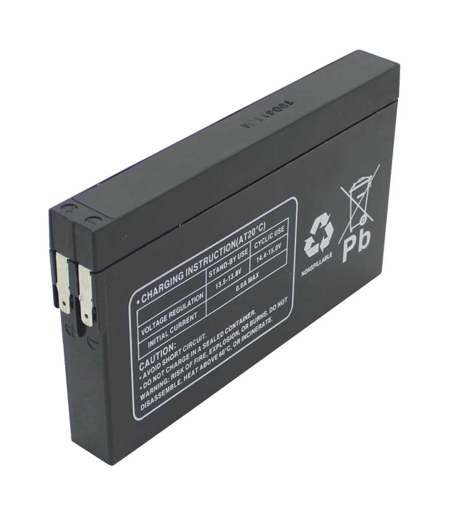 Schwarzer quaderförmiger Akku mit zwei Metallkontakten an der Stirnseite und Piktogrammen auf der Seitenfläche