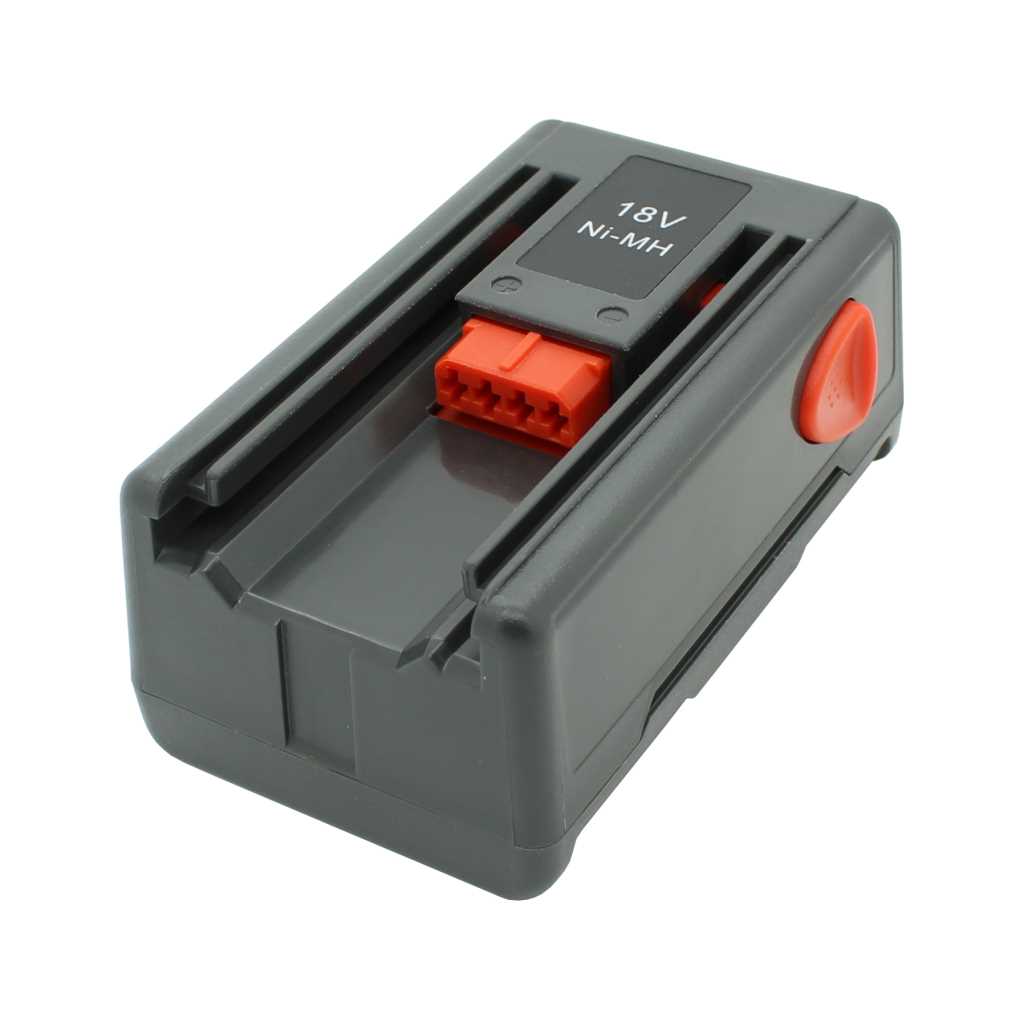 Grauer Akku mit roten Kontakten und seitlichem roten Knopf, Aufschrift 18V Ni-MH sichtbar