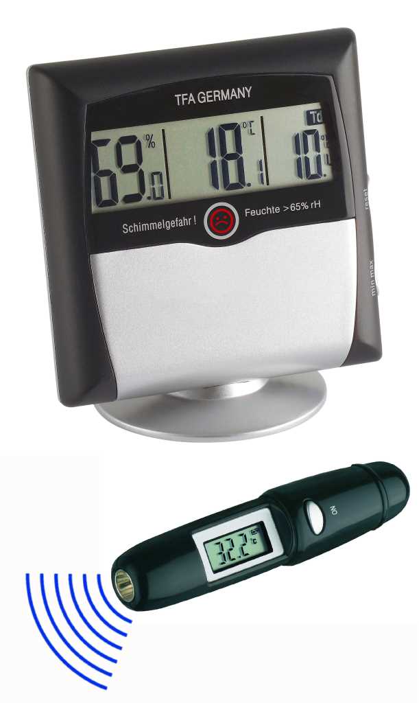 Digitales Thermo-Hygrometer auf Standfuß und schwarzes Infrarot-Thermometer mit Display und blauen Wellenlinien