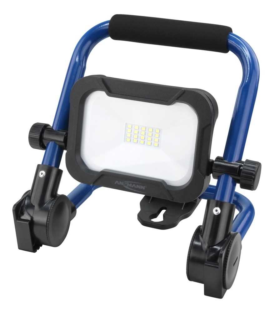 LED-Arbeitsleuchte mit blauem Rahmen, schwarzem Griffpolster und rechteckigem Strahlerkopf mit sichtbaren LEDs im Zentrum