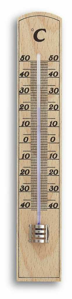 Holzthermometer mit Celsius-Skala von -40 bis 50, mittig Glasröhrchen und Metallhalter unten
