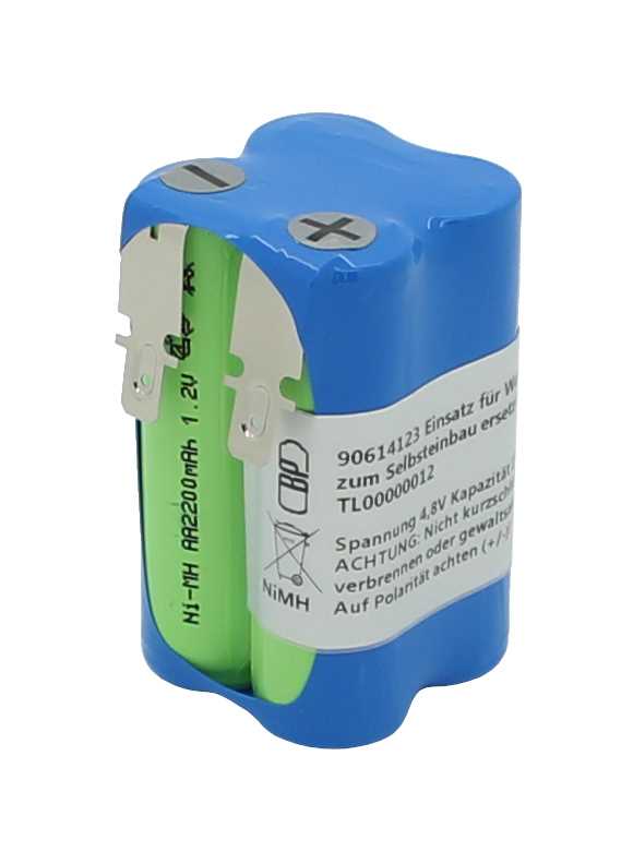 Blauer Akkupack mit zwei grünen Rundzellen und sichtbaren Plus- und Minuspolen auf weißem Hintergrund