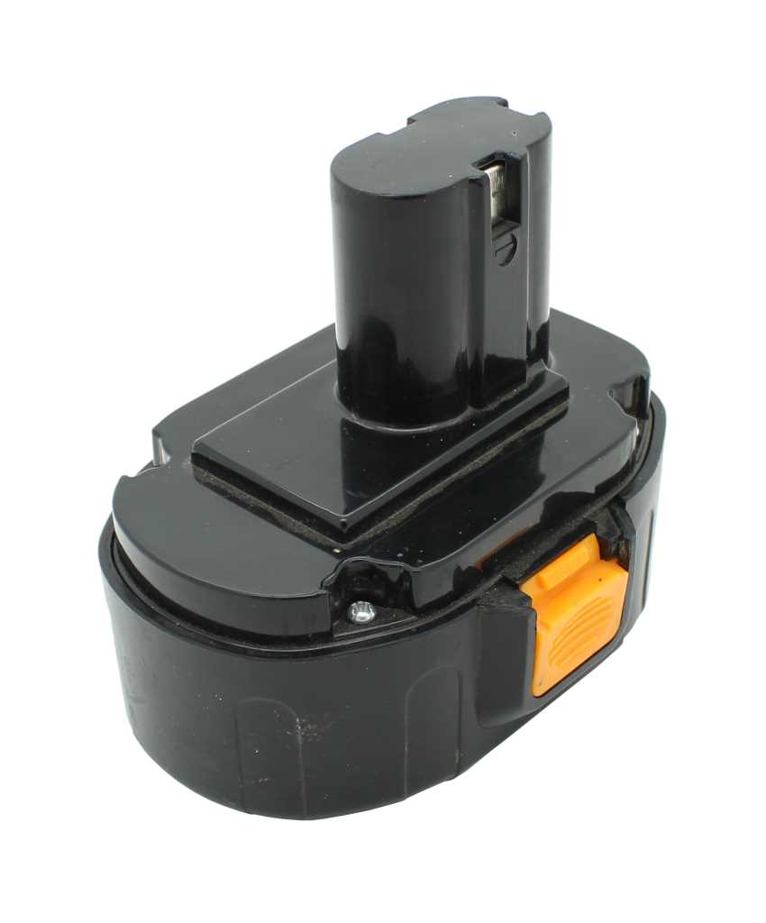Schwarzer Werkzeugakku mit orangefarbenem Entriegelungsknopf und aufrechtem Steckkontaktblock auf weißem Hintergrund