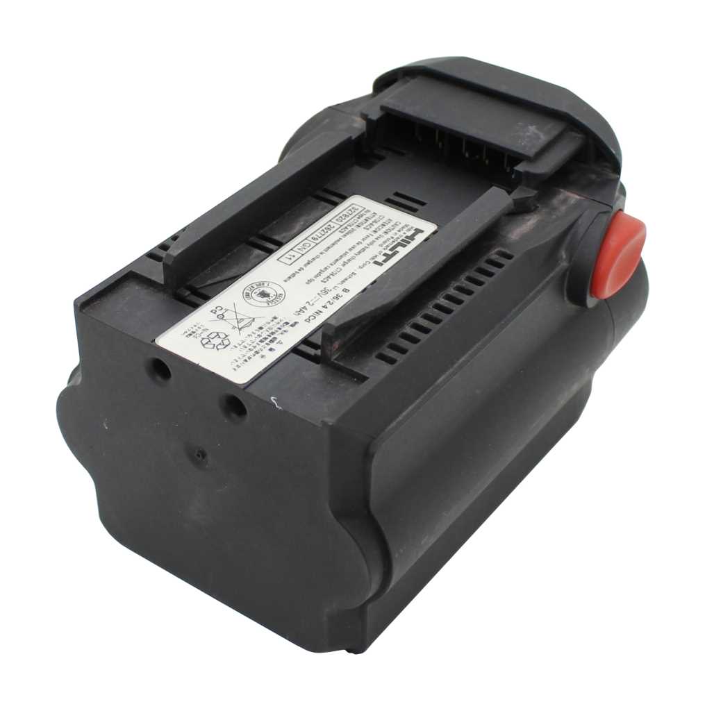 Schwarzer Werkzeugakku mit Führungsschienen und rotem Entriegelungsknopf an der Seite, Draufsicht schräg von vorn