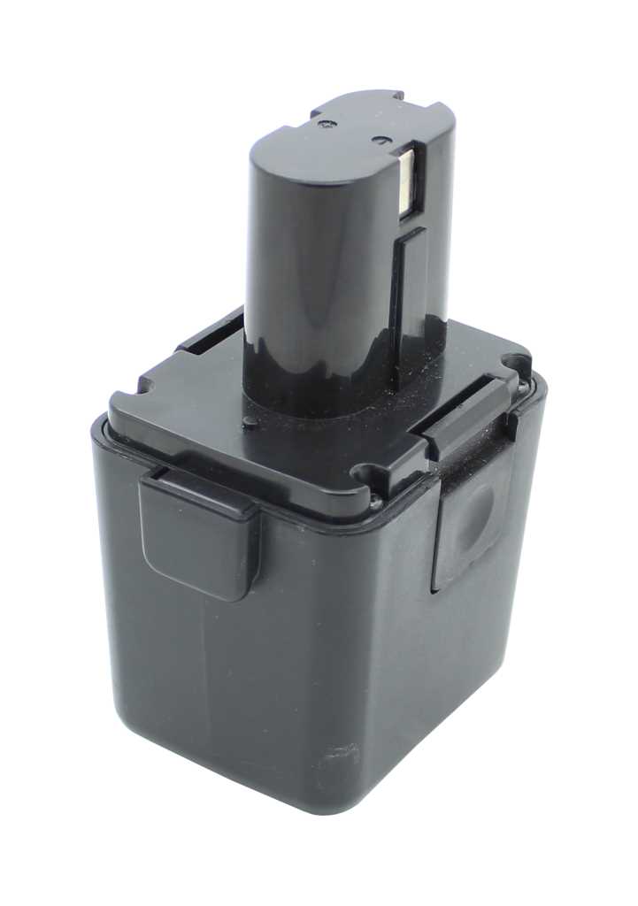 Schwarzer Werkzeugakku mit rechteckigem Gehäuse und zylindrischem Aufsatz mit Kontaktfläche oben auf weißem Hintergrund