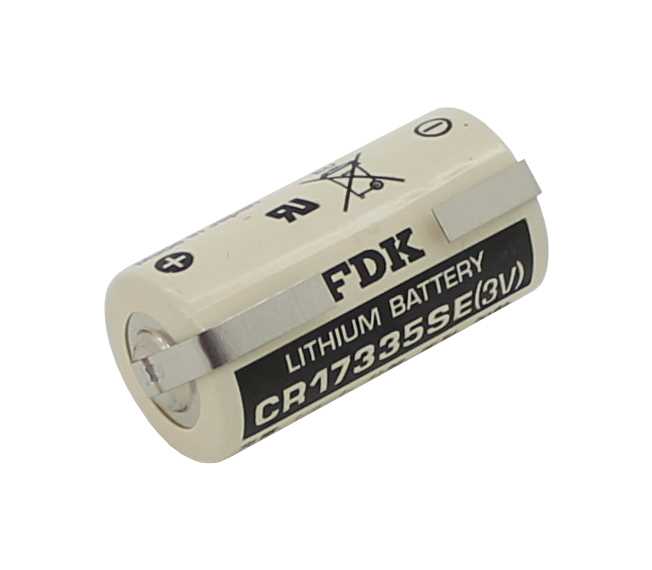 Weiße zylindrische Batterie mit Metall-Lötfahnen und aufgedruckten Plus- und Minuszeichen