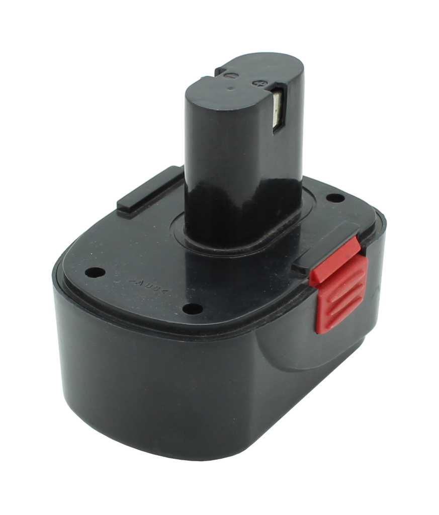 Schwarzer Werkzeugakku mit zylindrischem Aufsatz und rotem Entriegelungsknopf auf weißem Hintergrund