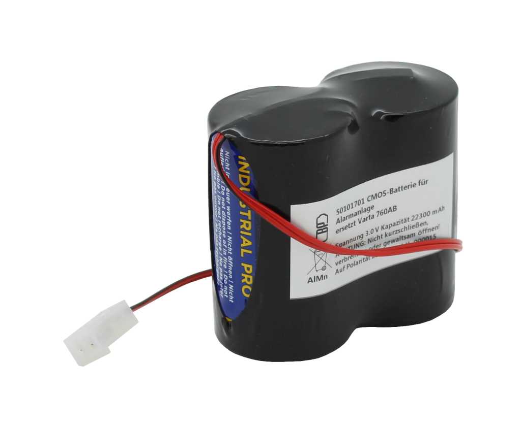 Schwarzes Batteriepack mit rotem Kabel und weißem Stecker, seitlich sichtbare Rundzelle und Etikett auf Vorderseite