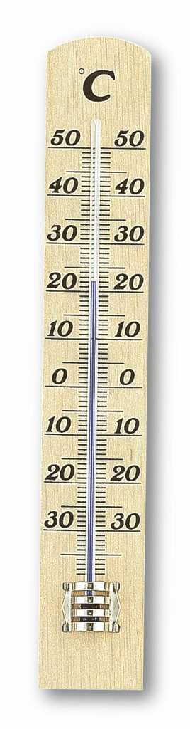 Schmales Holzthermometer mit Celsius-Skala von -30 bis 50 und blauem Flüssigkeitsstand in der Mitte