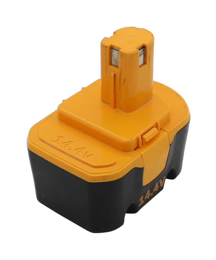 Gelb-schwarzer Werkzeugakku mit erhöhter Steckaufnahme und sichtbaren Metallkontakten, Aufdruck 14.4V