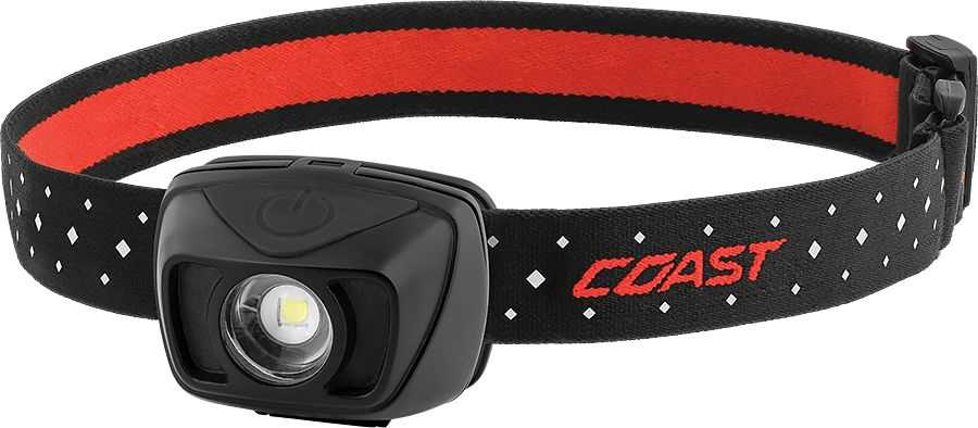 Schwarze Kopflampe mit LED-Linse an schwarz-rot gepolstertem Kopfband mit weißen Punkten und rotem Schriftzug