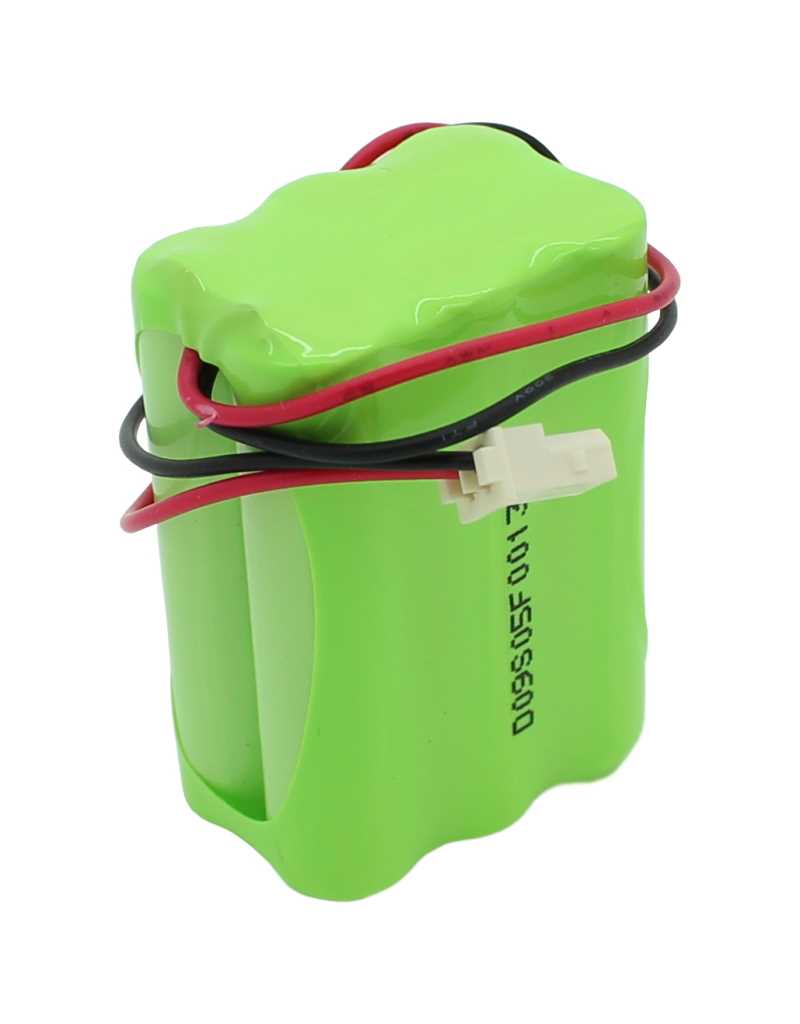 Grüner Akkupack mit roten und schwarzen Kabeln und weißem Stecker, seitliche Aufschrift sichtbar