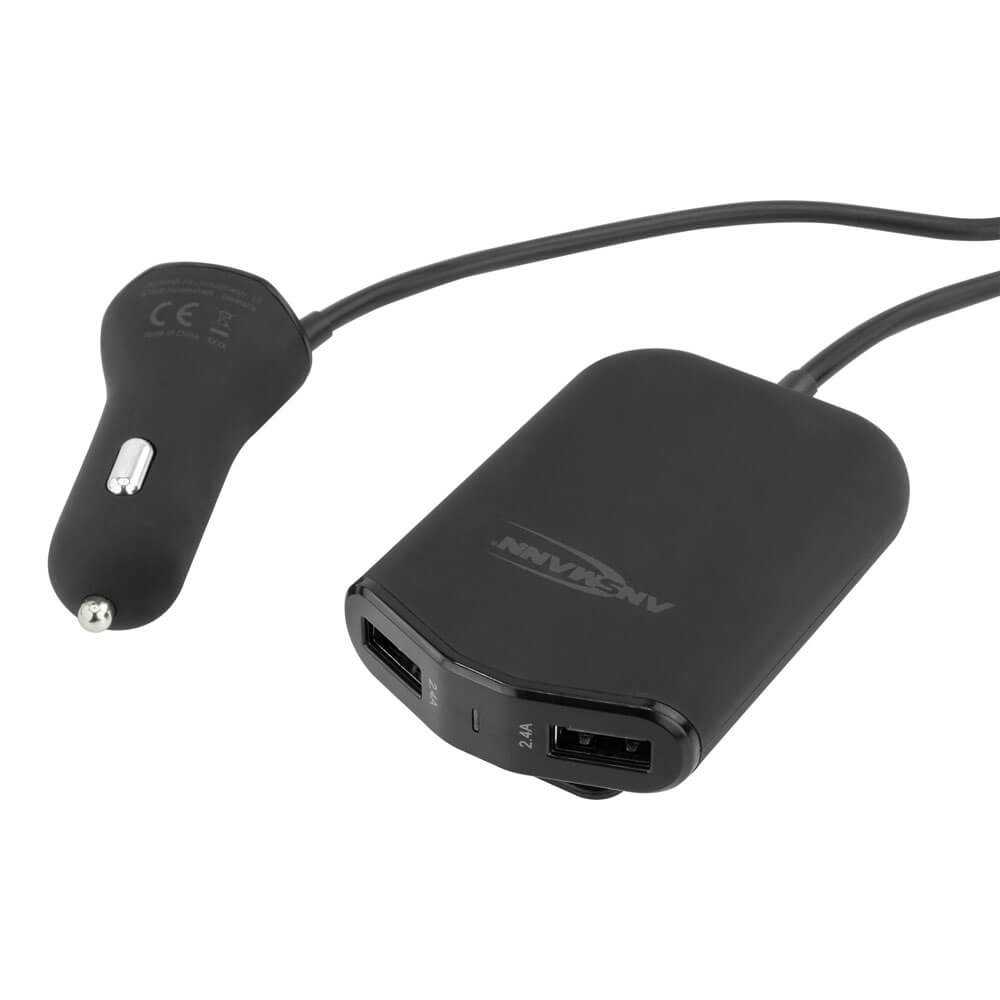 Schwarzer Kfz-Stecker mit Kabel zu rechteckigem USB-Verteiler mit zwei sichtbaren USB-A-Buchsen