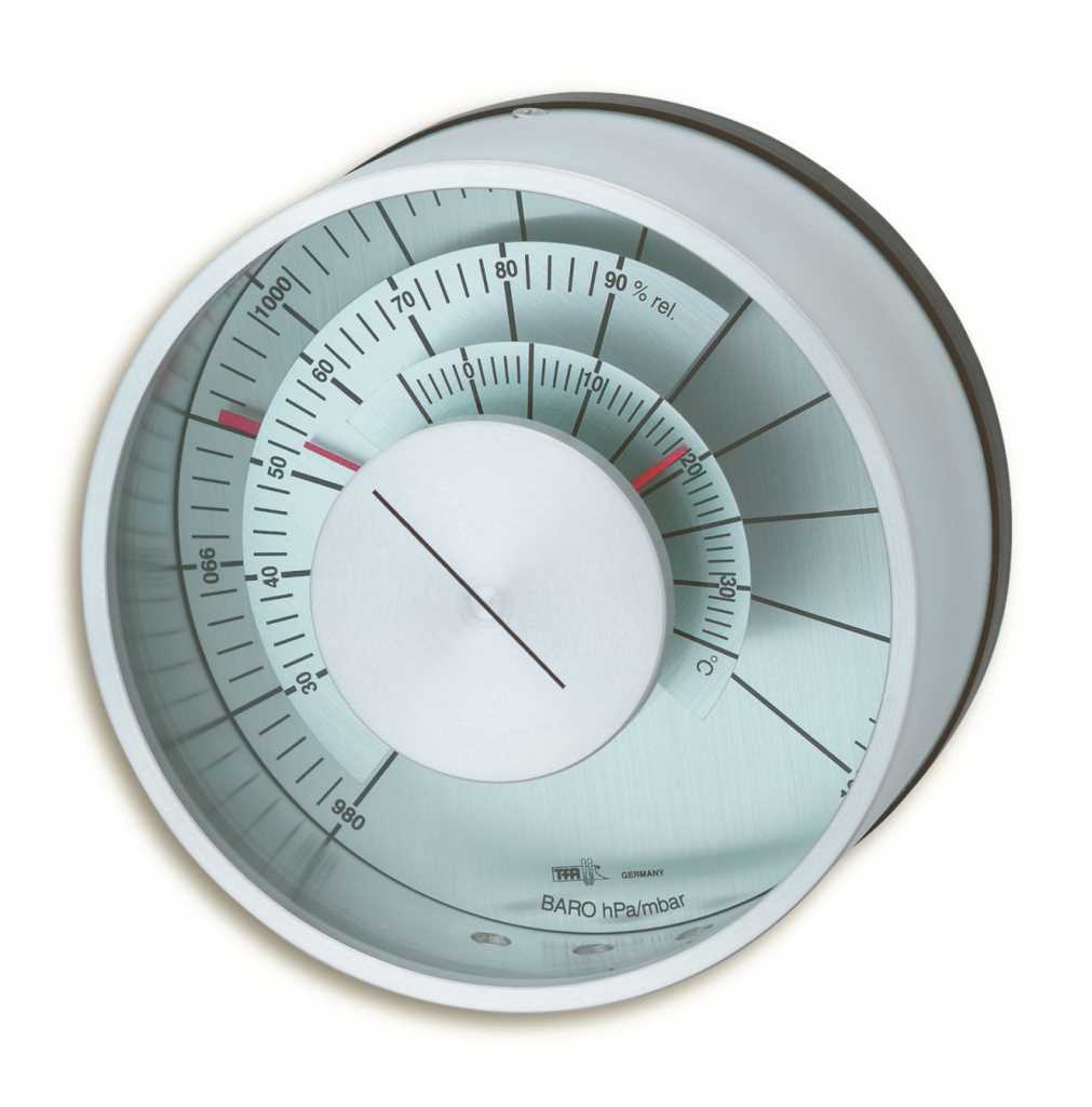 Rundes Messgerät mit Aluminiumgehäuse und mehreren Skalenringen sowie Zeiger hinter Glas auf weißem Hintergrund