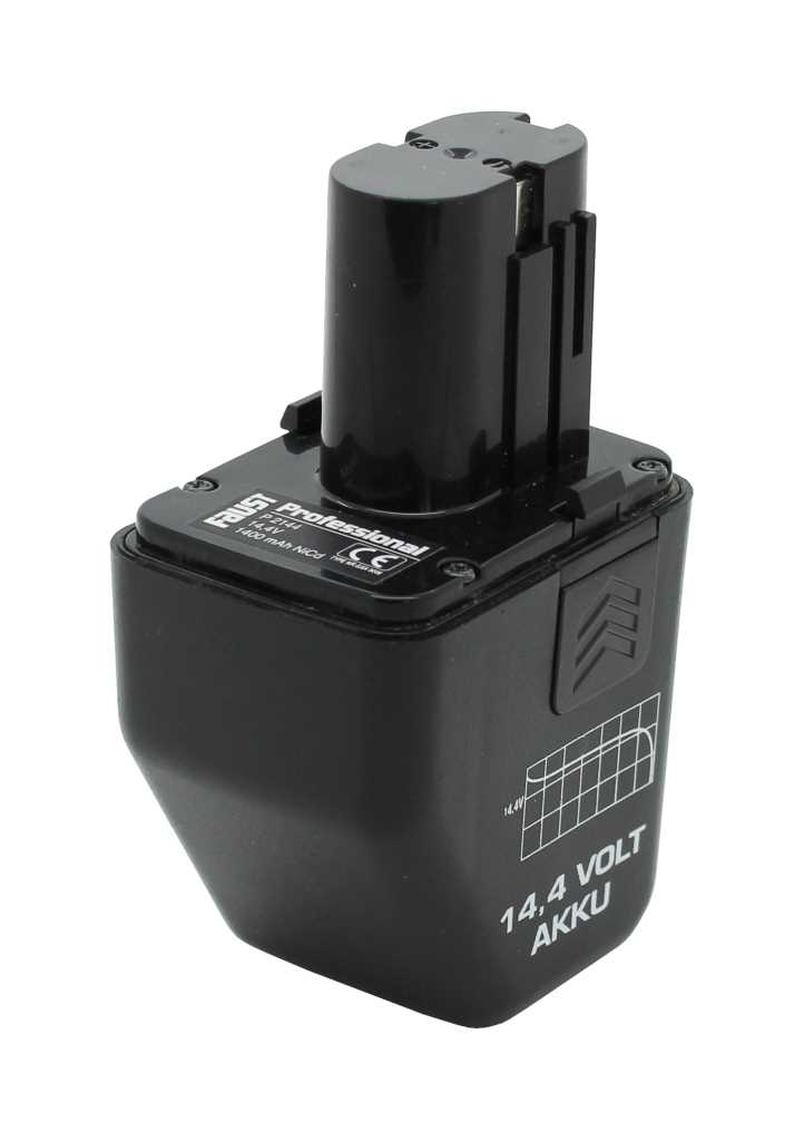 Schwarzer Werkzeugakku mit aufgesetztem Steckanschluss und rechteckigem Gehäuse auf weißem Hintergrund