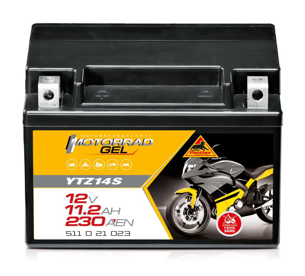 Schwarze Motorradbatterie mit zwei Metallpolen oben und gelb-schwarzem Etikett mit Motorradabbildung auf der Frontseite