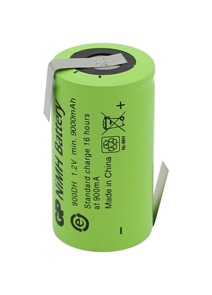 Grüner zylindrischer Akku mit Z-förmigen Lötfahnen, Plus- und Minusmarkierung an der Seite