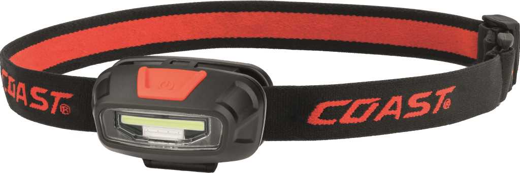 Schwarze Kopflampe mit rotem Einschaltknopf und Stirnband in Schwarz-Rot mit roter Aufschrift