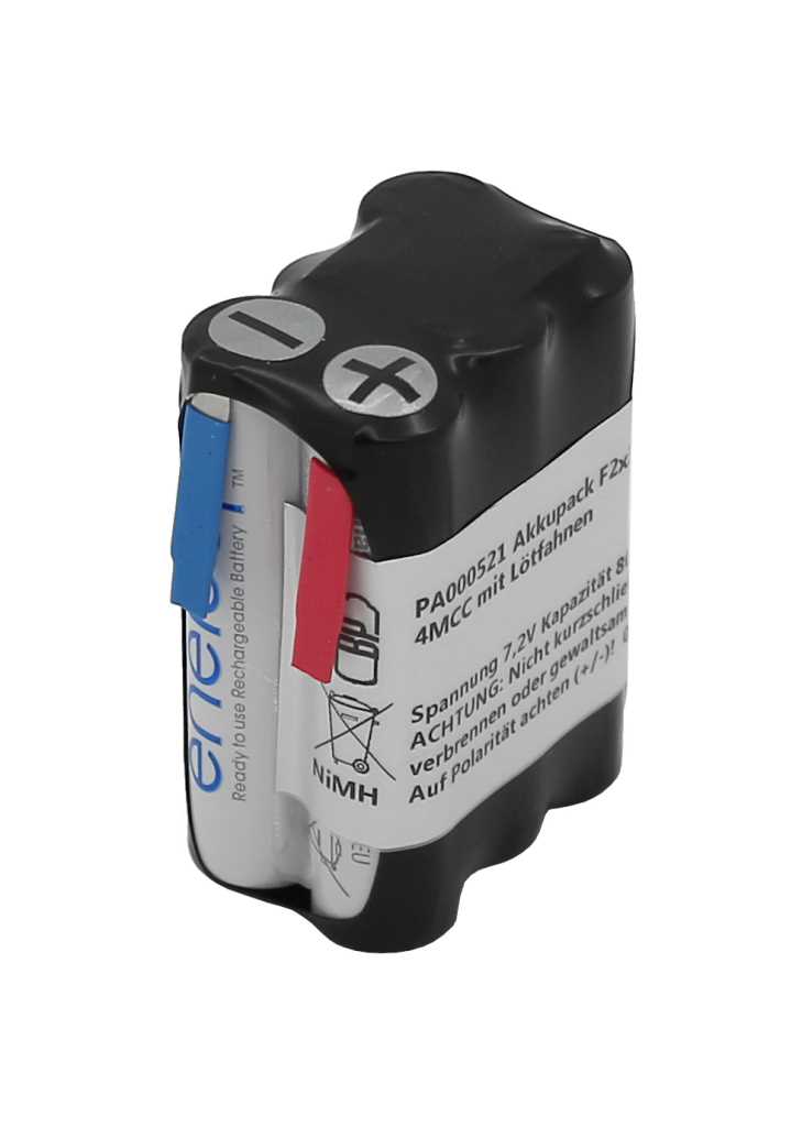 Akkupack aus vier zylindrischen Zellen in schwarzem Schrumpfschlauch mit Plus- und Minuspolmarkierung sowie Lötfahnen