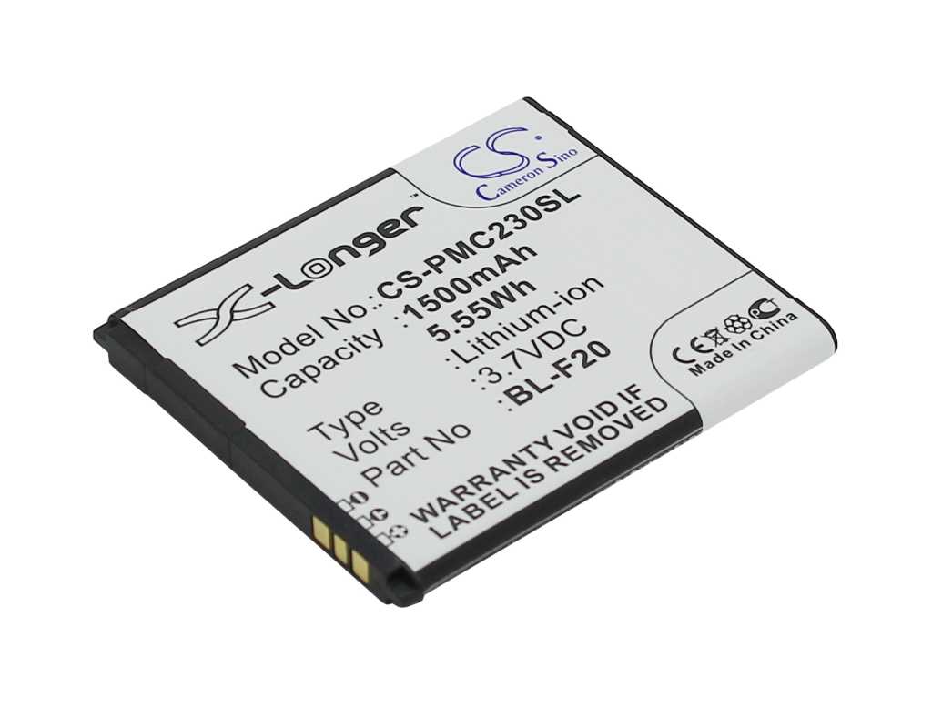 Flacher Smartphone-Akku mit weißem Etikett und schwarzem Rand, schräg dargestellt, Kontakte unten links sichtbar