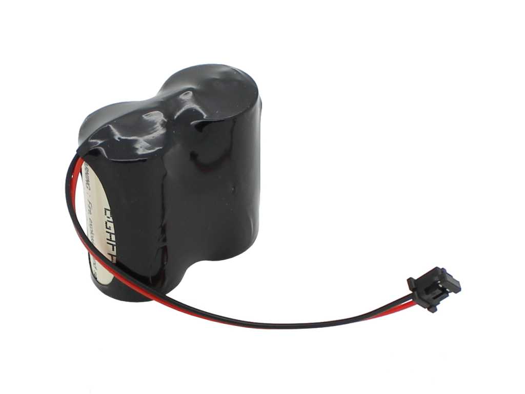 Schwarzer Batteriepack mit zwei Zellen, rotem und schwarzem Kabel und kleinem Steckverbinder auf weißem Hintergrund