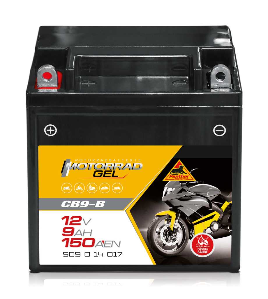 Schwarze Motorradbatterie mit Plus- und Minuspol oben, Frontetikett mit gelb-schwarzem Motorradmotiv und Panther-Logo