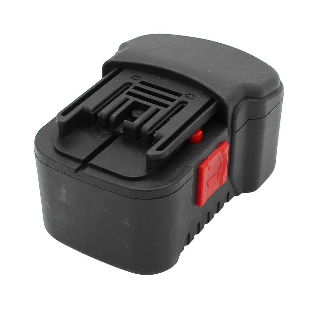 Schwarzer Werkzeugakku mit roter Entriegelungstaste und Steckschiene auf der Oberseite, seitliche Ansicht