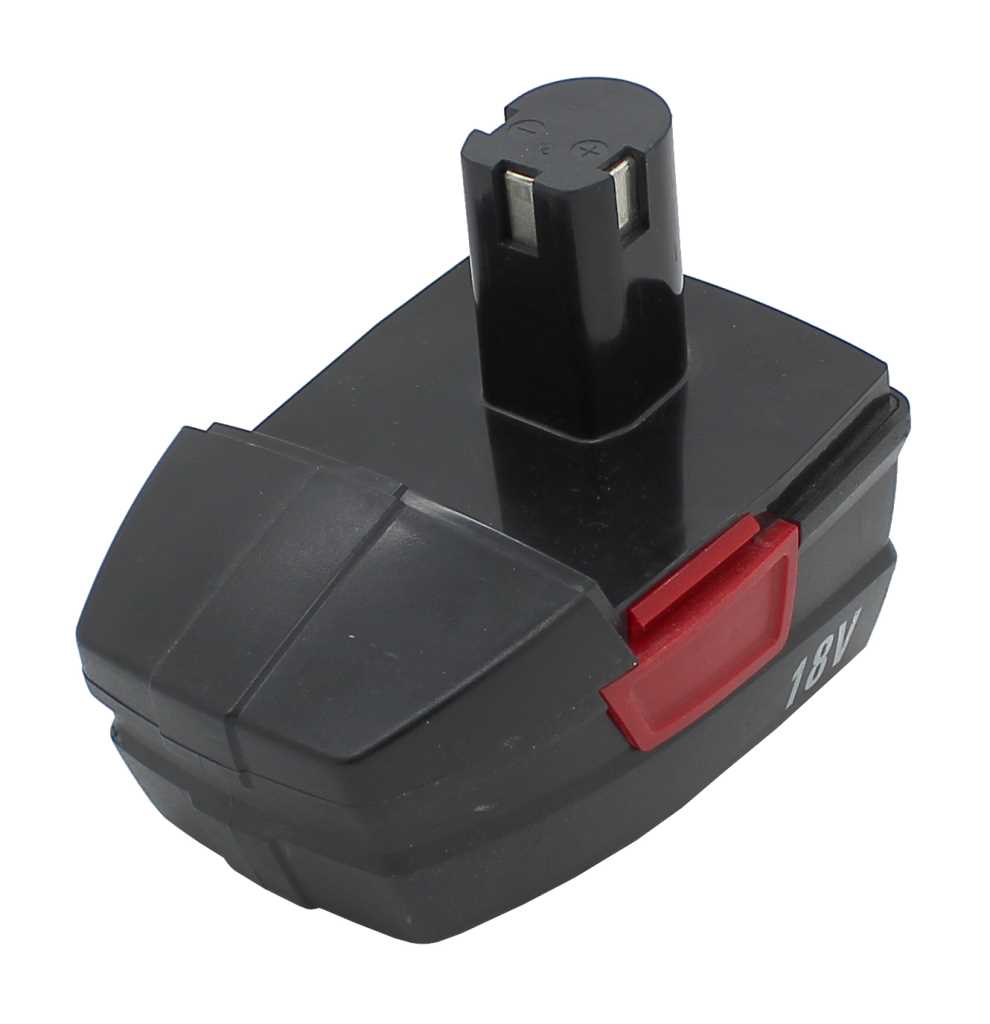 Schwarzer Werkzeugakku mit rotem Entriegelungsknopf und Steckkontakt, seitlich Aufdruck 18V