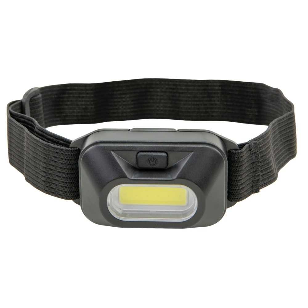 Schwarze Stirnlampe mit elastischem Kopfband, rechteckigem Gehäuse, Front-LED-Feld und Taste oben mittig