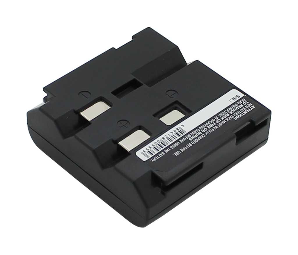 Schwarzer Kameraakku mit drei Metallkontakten und seitlichem Etikett, schräg von oben fotografiert