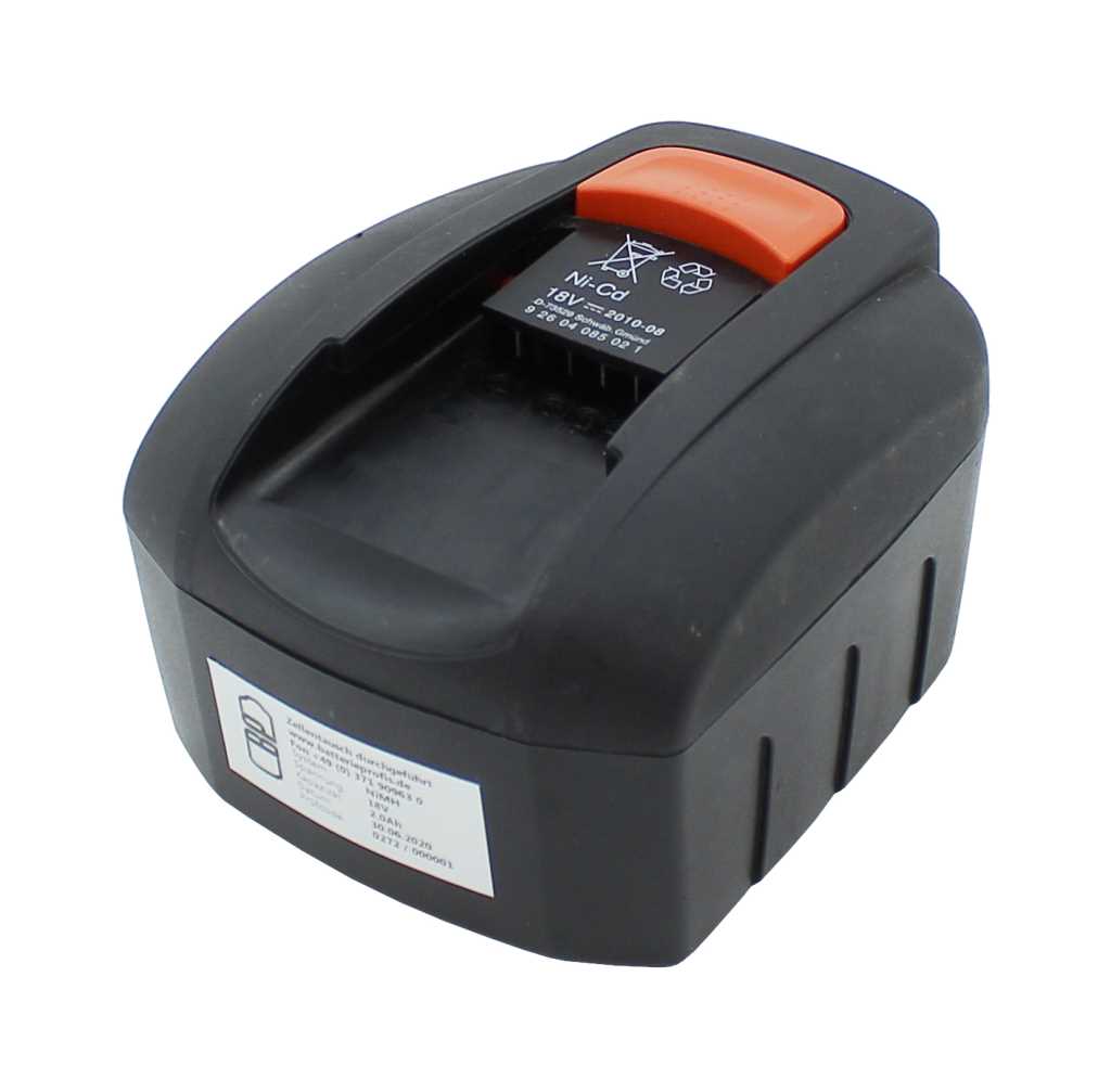 Schwarzer Werkzeugakku mit orangefarbenem Entriegelungsknopf, seitlichem Etikett und Kontakten oben