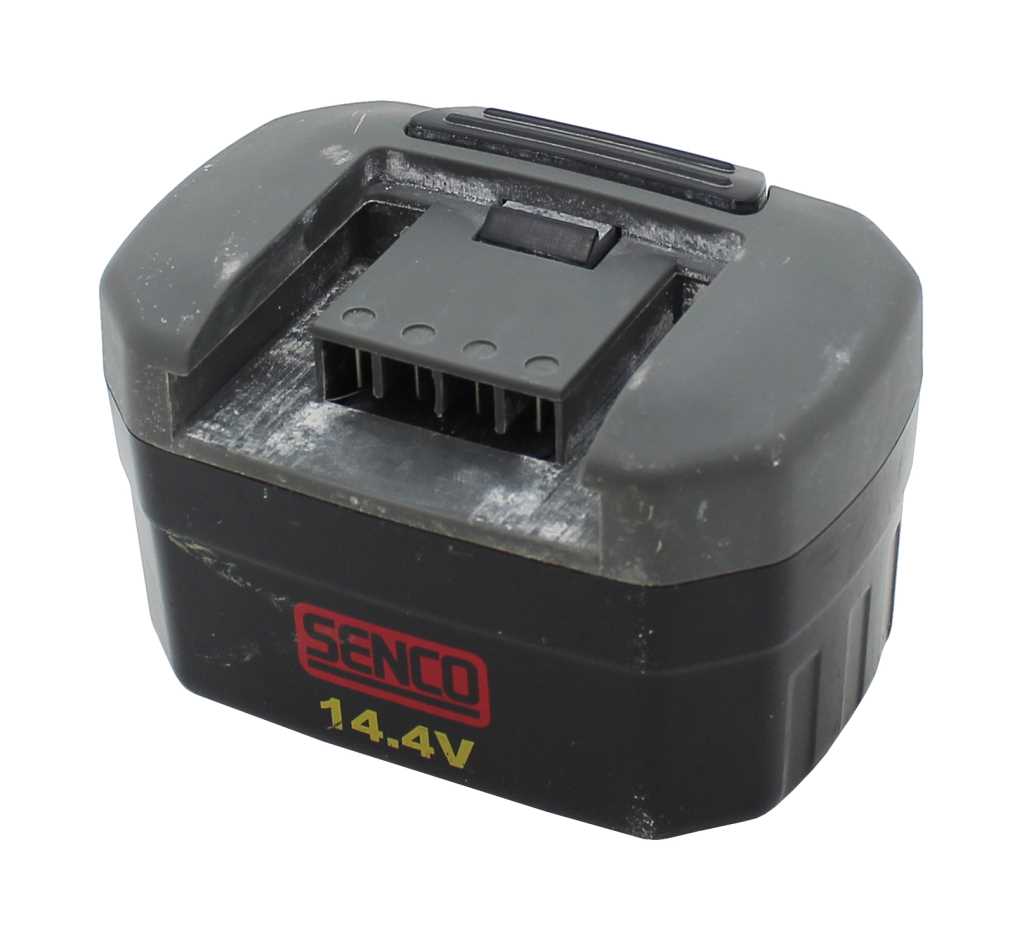 Schwarzer Werkzeugakku mit grauem Oberteil und Steckkontakten, Aufdruck SENCO und 14.4V