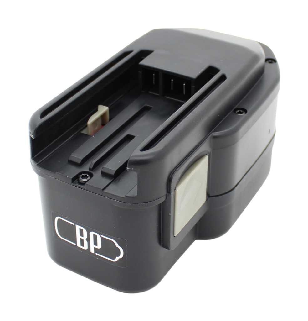 Schwarzer Akku mit Führungsschienen und seitlicher Entriegelungstaste, Ansicht schräg von oben