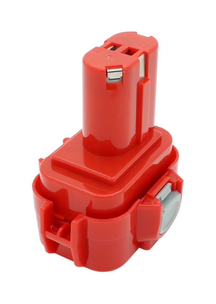 Roter Akku mit rechteckigem Sockel, aufrecht stehend, mit Metallkontakten und grauem seitlichem Entriegelungsknopf