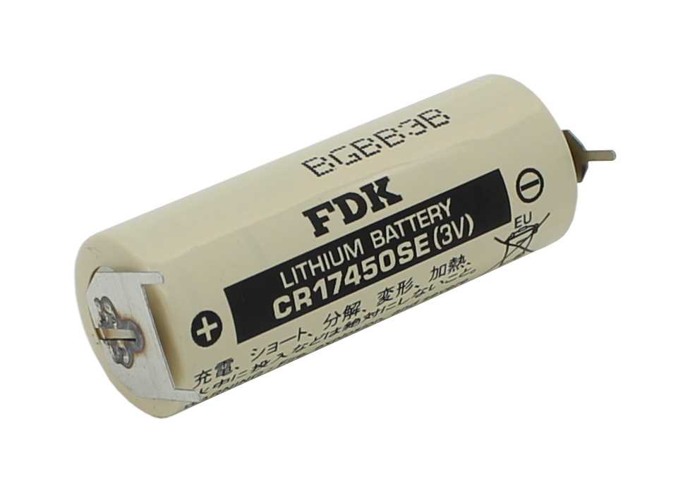 Zylindrische Batterie mit Printanschlüssen an beiden Enden und Plus-Markierung auf dem Gehäuse