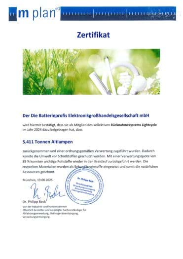 Zertifikat von Lightcycle über Rücknahme von Altlampen