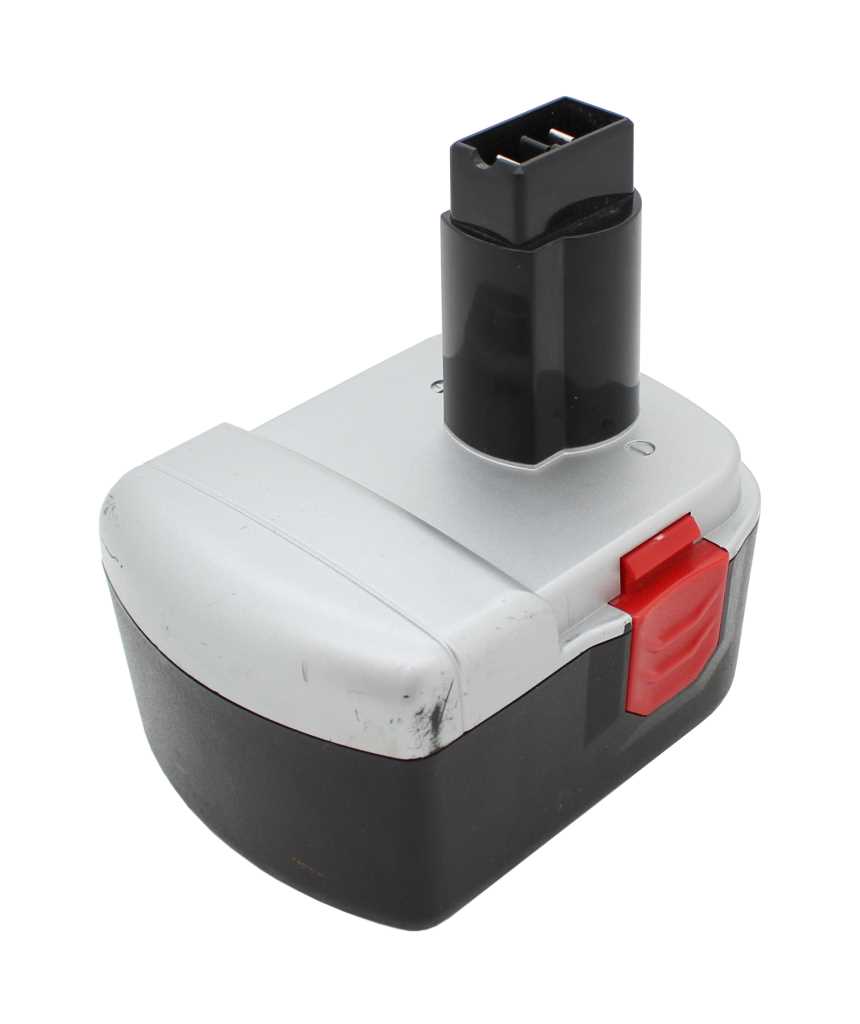 Silber-schwarzer Akku mit schwarzem Steckanschluss oben und roter Entriegelungstaste seitlich, mit Gebrauchsspuren