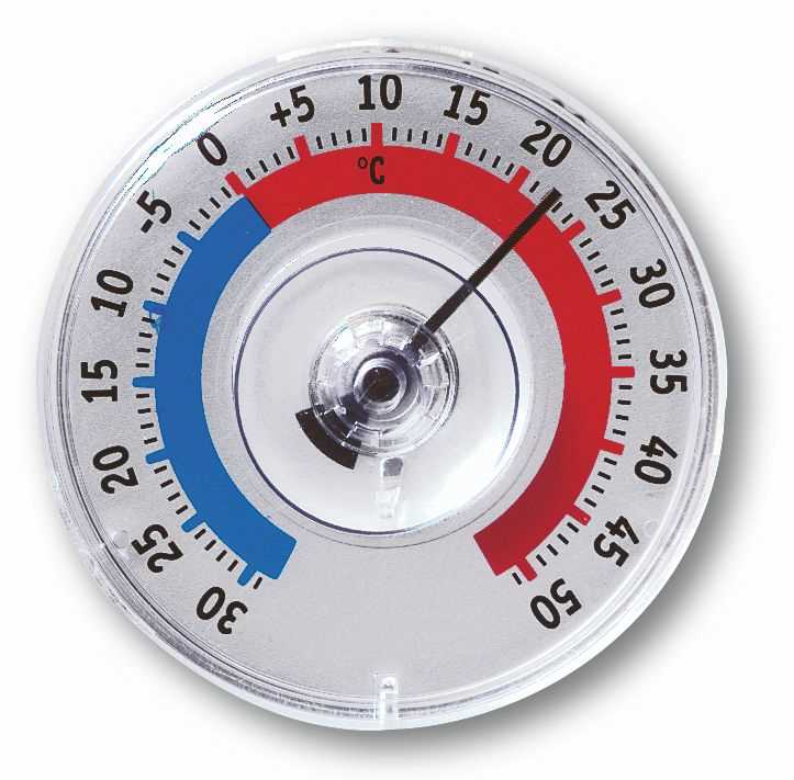 Rundes Thermometer mit Celsius-Skala von -30 bis 50, blauem und rotem Bereich sowie Zeiger bei etwa 22 Grad