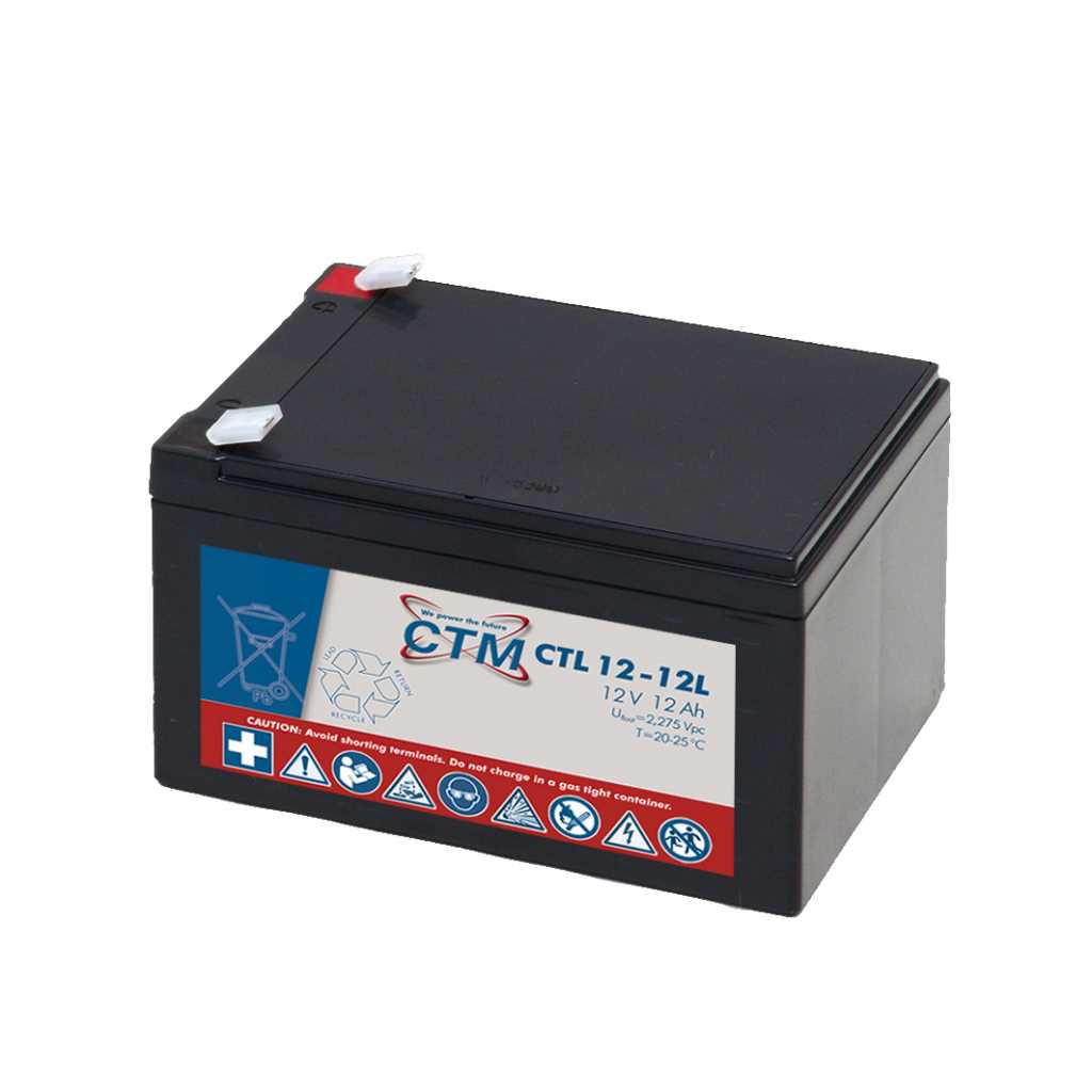 Schwarzer rechteckiger Akku mit zwei Anschlussklemmen oben und Aufkleber mit Symbolen an der Vorderseite