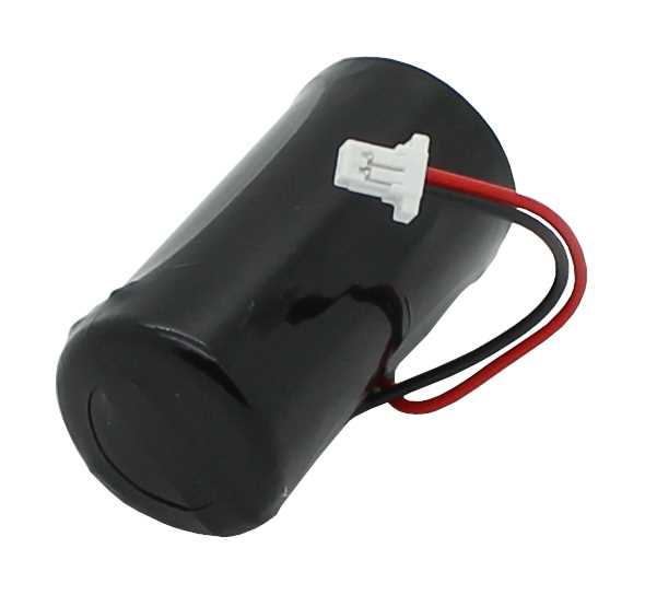 Schwarzer zylindrischer Akkupack mit rotem und schwarzem Kabel und weißem Steckverbinder auf weißem Hintergrund