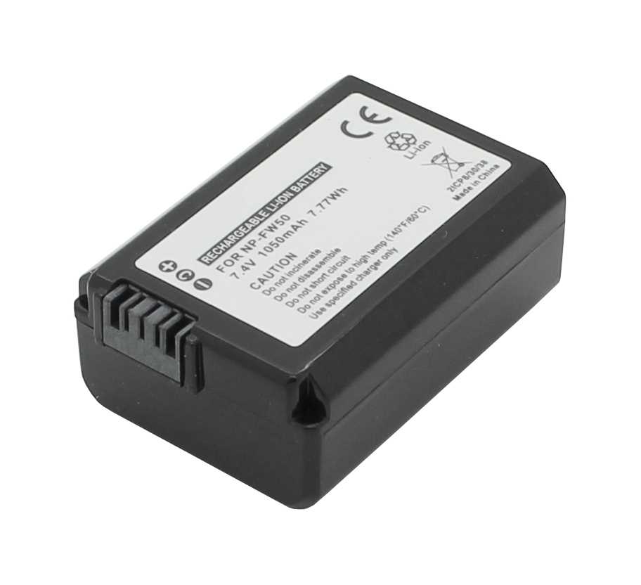 Schwarzer Kameraakku mit weißem Etikett, rechteckige Form mit geriffeltem Kontaktbereich an der Seite