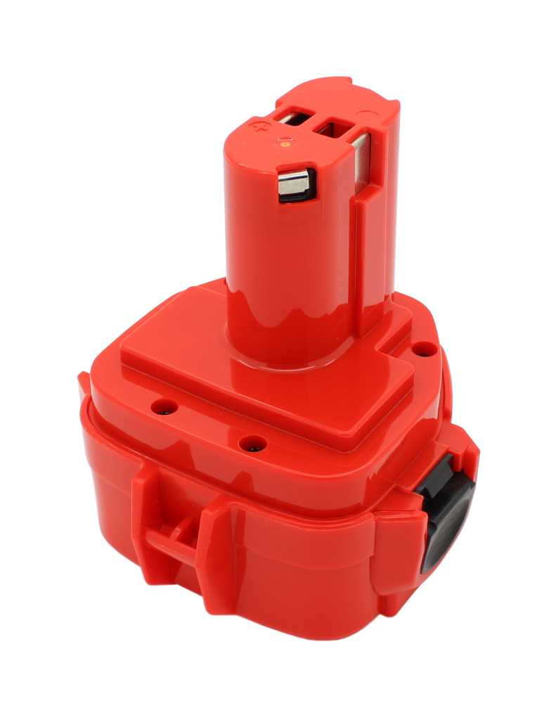 Roter Werkzeugakku mit zylindrischem Aufsatz, Metallkontakten und seitlicher schwarzer Entriegelung auf weißem Hintergrund